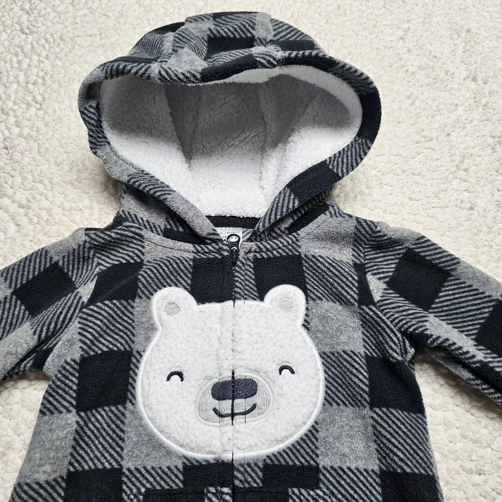 Carter's One Piece Velour Sherpa Zip Front Hooded Bear Front Applique 9 Months